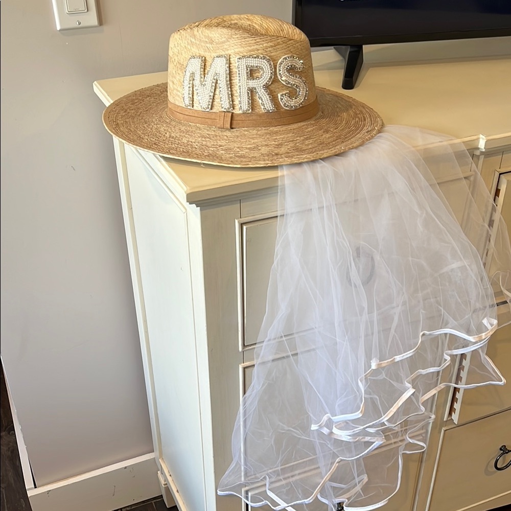 Judith March Straw Hat with Veil and 'MRS' Embellishment